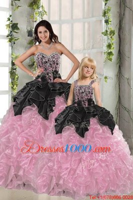 On Sale Pink And Black Sleeveless Floor Length Beading and Ruffles Lace Up Sweet 16 Dress