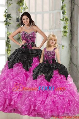 Fitting Floor Length Pink And Black Ball Gown Prom Dress Sweetheart Sleeveless Lace Up