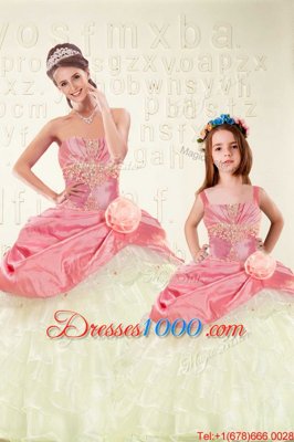 Sleeveless Organza and Taffeta Floor Length Lace Up Sweet 16 Quinceanera Dress in Pink for with Beading and Ruffled Layers and Hand Made Flower