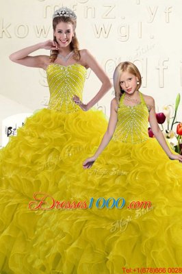 Glorious Gold Sleeveless Floor Length Beading and Ruffles Lace Up Quinceanera Dress