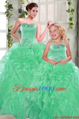 Amazing Apple Green Organza Lace Up Sweet 16 Dress Sleeveless Floor Length Beading and Ruffles