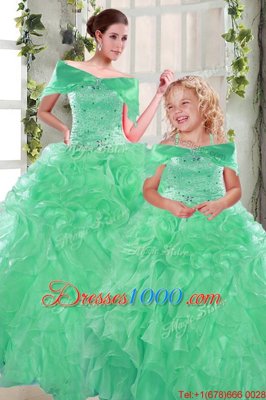 Amazing Apple Green Organza Lace Up Sweet 16 Dress Sleeveless Floor Length Beading and Ruffles