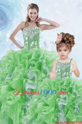 Cute Green Organza Lace Up Sweet 16 Dress Sleeveless Floor Length Beading and Ruffles and Sequins