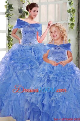 Edgy Sweetheart Sleeveless Lace Up 15th Birthday Dress Blue Organza