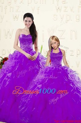 Sumptuous Eggplant Purple Sleeveless Floor Length Beading and Ruffles Lace Up 15 Quinceanera Dress