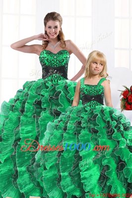 Green Organza Lace Up Ball Gown Prom Dress Sleeveless Floor Length Beading and Appliques and Ruffles