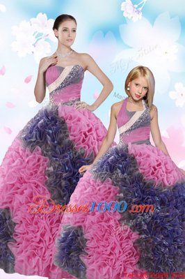 Latest Sleeveless Floor Length Sequins and Pick Ups Lace Up 15th Birthday Dress with Multi-color