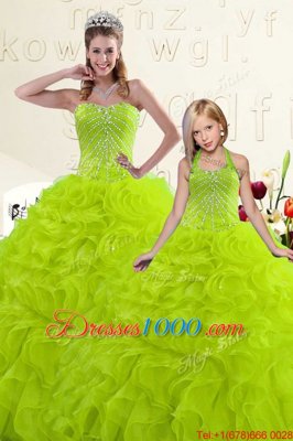 Custom Made Organza Sweetheart Sleeveless Lace Up Beading and Ruffles Sweet 16 Dresses in Yellow Green