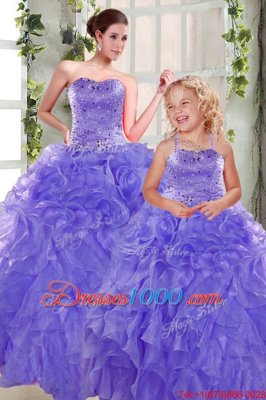 Lavender Ball Gowns Strapless Sleeveless Organza Floor Length Lace Up Beading and Ruffles Sweet 16 Quinceanera Dress