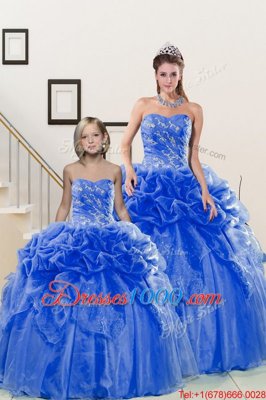 Sleeveless Organza Floor Length Lace Up Sweet 16 Quinceanera Dress in Blue for with Beading and Pick Ups