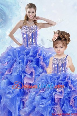 High Class Floor Length Multi-color 15th Birthday Dress Organza Sleeveless Beading and Ruffles and Sequins