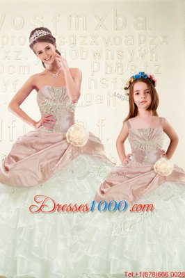 Pink And White Lace Up Vestidos de Quinceanera Beading and Ruffled Layers and Hand Made Flower Sleeveless Floor Length