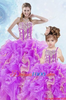 Sweetheart Sleeveless Quinceanera Gowns Floor Length Beading and Ruffles and Sequins Multi-color Organza