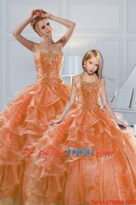 Ruffled Orange Sleeveless Organza Lace Up Ball Gown Prom Dress for Military Ball and Sweet 16 and Quinceanera