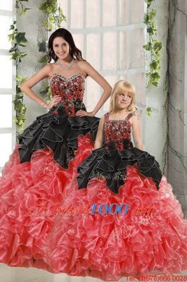 Floor Length Lace Up 15th Birthday Dress Red And Black and In for Military Ball and Sweet 16 and Quinceanera with Beading and Ruffles