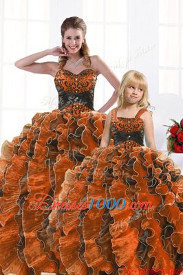 Superior Orange Sweetheart Lace Up Beading and Appliques and Ruffles Sweet 16 Dress Sleeveless