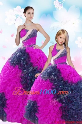 Fancy Floor Length Lace Up Quinceanera Dress Lavender and In for Military Ball and Sweet 16 and Quinceanera with Embroidery and Ruffled Layers