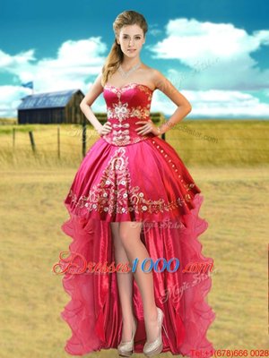 Four Piece Hot Pink Ball Gowns Sweetheart Sleeveless Taffeta Floor Length Lace Up Beading and Embroidery Sweet 16 Dress