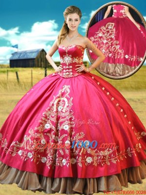 Four Piece Hot Pink Ball Gowns Sweetheart Sleeveless Taffeta Floor Length Lace Up Beading and Embroidery Sweet 16 Dress