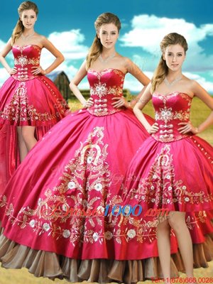 Four Piece Hot Pink Ball Gowns Sweetheart Sleeveless Taffeta Floor Length Lace Up Beading and Embroidery Sweet 16 Dress