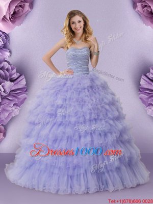 Tulle Sleeveless Floor Length 15th Birthday Dress and Beading and Ruffled Layers