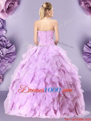 Shining Sweetheart Sleeveless Vestidos de Quinceanera Floor Length Beading and Ruffles Lilac Tulle