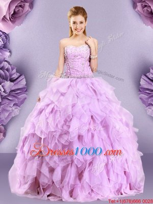 Shining Sweetheart Sleeveless Vestidos de Quinceanera Floor Length Beading and Ruffles Lilac Tulle