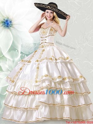 Sleeveless Taffeta Floor Length Lace Up Sweet 16 Dresses in White for with Embroidery and Ruffled Layers