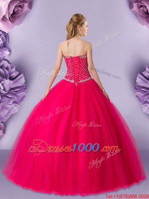 Great Hot Pink Lace Up Sweetheart Beading Quinceanera Gowns Tulle Sleeveless