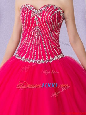 Great Hot Pink Lace Up Sweetheart Beading Quinceanera Gowns Tulle Sleeveless