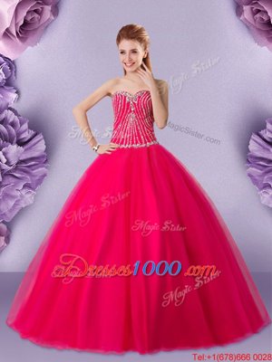 Great Hot Pink Lace Up Sweetheart Beading Quinceanera Gowns Tulle Sleeveless