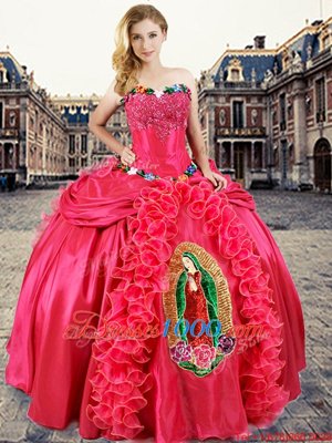 Sleeveless Floor Length Beading and Appliques and Ruffles Lace Up Quinceanera Gown with Coral Red