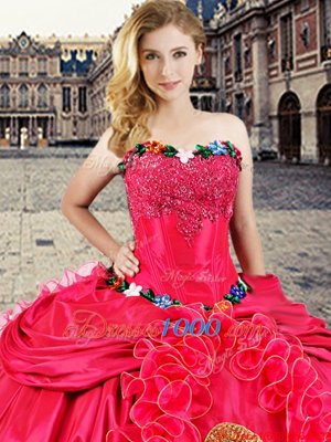 Sleeveless Floor Length Beading and Appliques and Ruffles Lace Up Quinceanera Gown with Coral Red