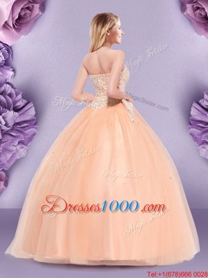 Custom Design Sleeveless Floor Length Beading and Bowknot Zipper Sweet 16 Dress with Peach