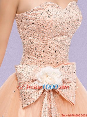 Custom Design Sleeveless Floor Length Beading and Bowknot Zipper Sweet 16 Dress with Peach