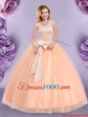 Custom Design Sleeveless Floor Length Beading and Bowknot Zipper Sweet 16 Dress with Peach