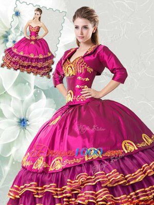 Suitable Fuchsia Lace Up Sweetheart Embroidery and Ruffled Layers Sweet 16 Quinceanera Dress Organza and Taffeta Sleeveless