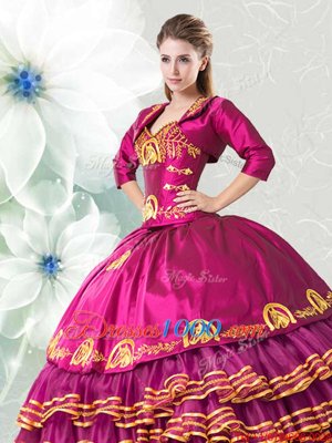 Suitable Fuchsia Lace Up Sweetheart Embroidery and Ruffled Layers Sweet 16 Quinceanera Dress Organza and Taffeta Sleeveless