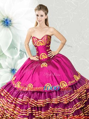 Suitable Fuchsia Lace Up Sweetheart Embroidery and Ruffled Layers Sweet 16 Quinceanera Dress Organza and Taffeta Sleeveless