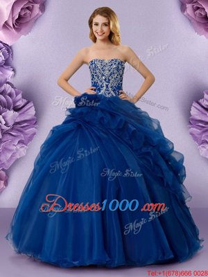 Fashionable Ball Gowns Quince Ball Gowns Royal Blue Strapless Organza Sleeveless Floor Length Lace Up