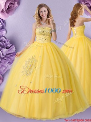 Royal Blue Organza Lace Up Strapless Sleeveless Floor Length Quinceanera Dress Beading and Ruffles