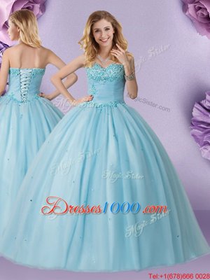 Colorful Tulle Sweetheart Sleeveless Lace Up Beading Quinceanera Gowns in Light Blue