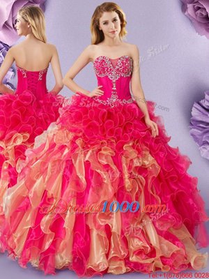 Excellent Rose Pink Tulle Lace Up Sweetheart Sleeveless Floor Length Sweet 16 Quinceanera Dress Beading and Pick Ups