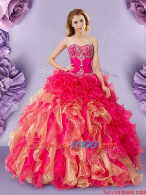 Sleeveless Organza Floor Length Lace Up Sweet 16 Quinceanera Dress in Multi-color for with Beading and Ruffles