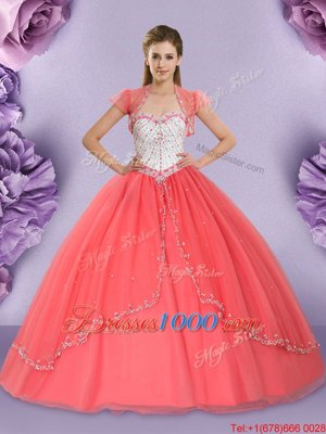 Hot Sale Floor Length Ball Gowns Sleeveless Watermelon Red Quinceanera Gowns Lace Up