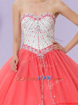 Hot Sale Floor Length Ball Gowns Sleeveless Watermelon Red Quinceanera Gowns Lace Up