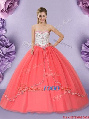 Hot Sale Floor Length Ball Gowns Sleeveless Watermelon Red Quinceanera Gowns Lace Up