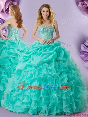 Hot Sale Turquoise Ball Gowns Organza Sweetheart Sleeveless Beading and Ruffles and Pick Ups Floor Length Lace Up Vestidos de Quinceanera