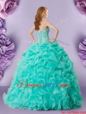 Hot Sale Turquoise Ball Gowns Organza Sweetheart Sleeveless Beading and Ruffles and Pick Ups Floor Length Lace Up Vestidos de Quinceanera