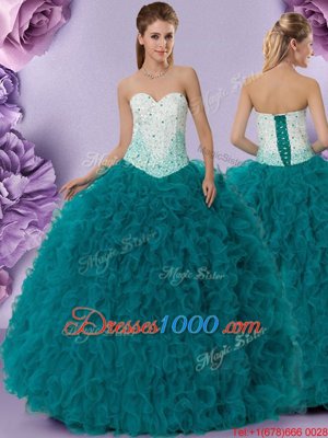Fantastic Teal Lace Up Ball Gown Prom Dress Beading and Ruffles Sleeveless Floor Length